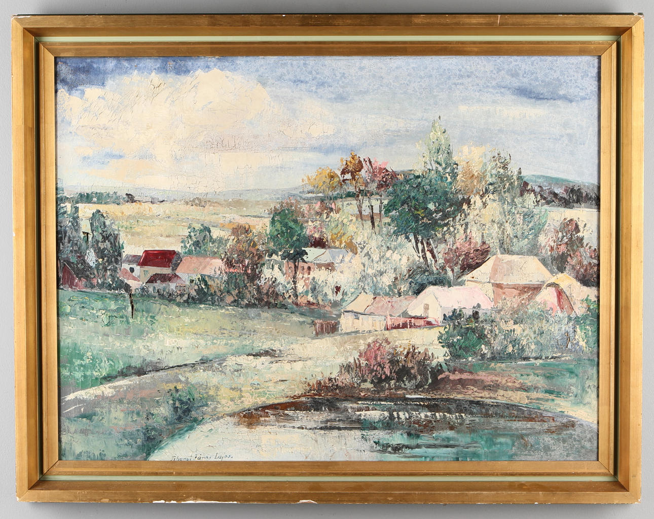 TIHANYI JÁNOS LAJOS. Landskap med hus, olja på duk, signerad.