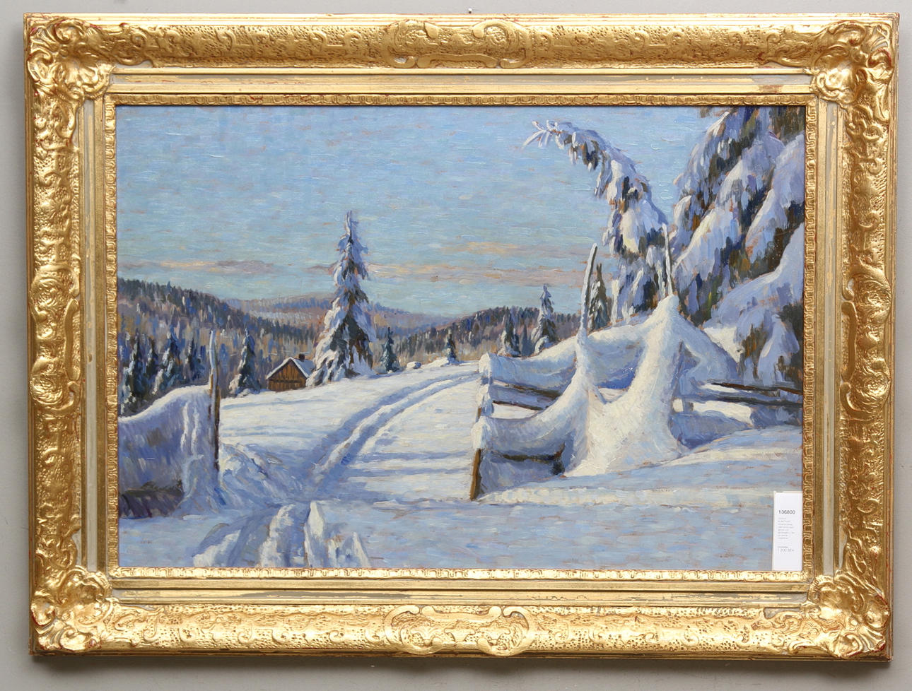 OKÄND KONSTNÄR. Vinterlandskap med snötyngda granar och gärdesgård. Olja på pannå. Osignerad.