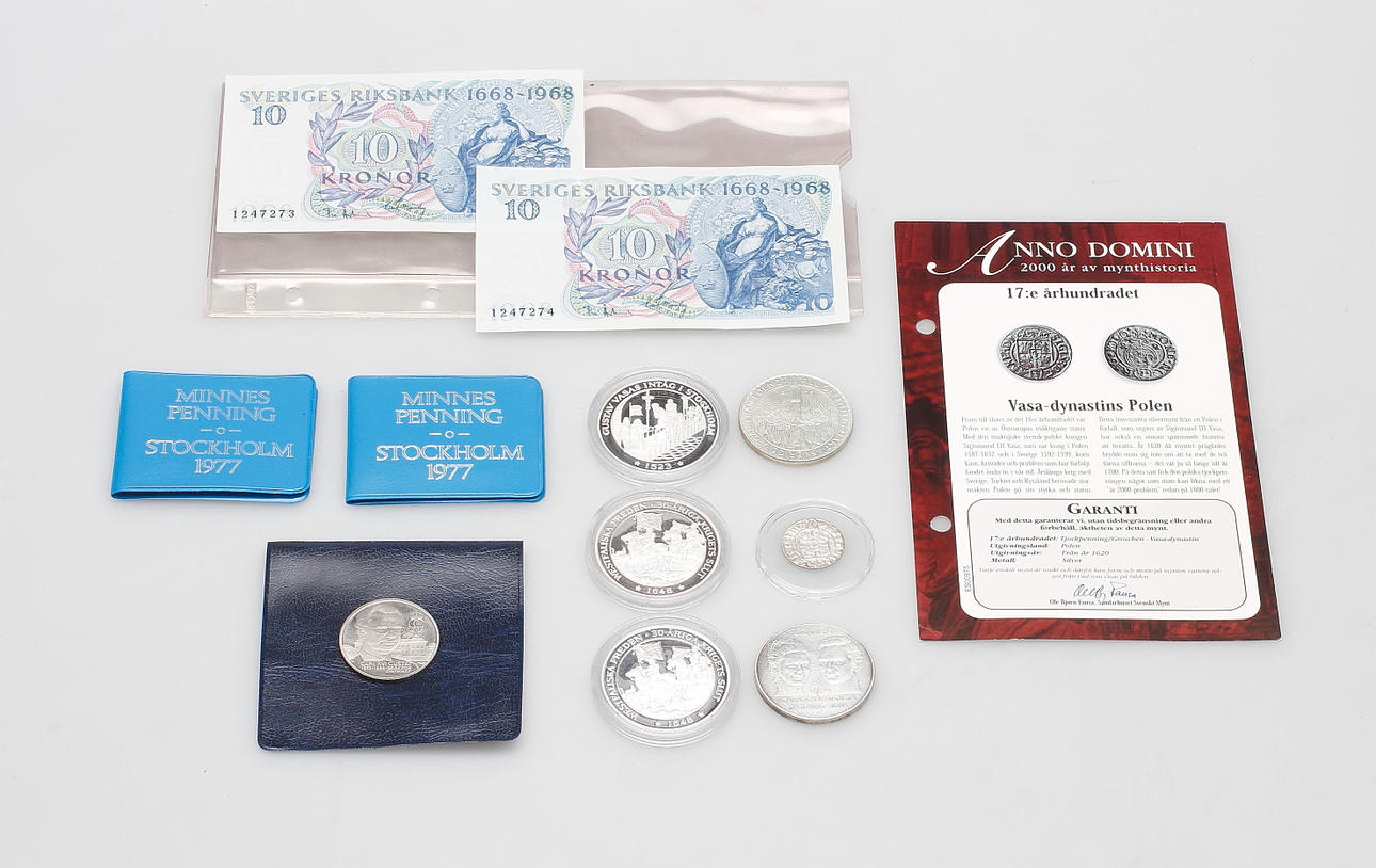 PARTI MYNT och SEDLAR, 11 delar, bla silver.