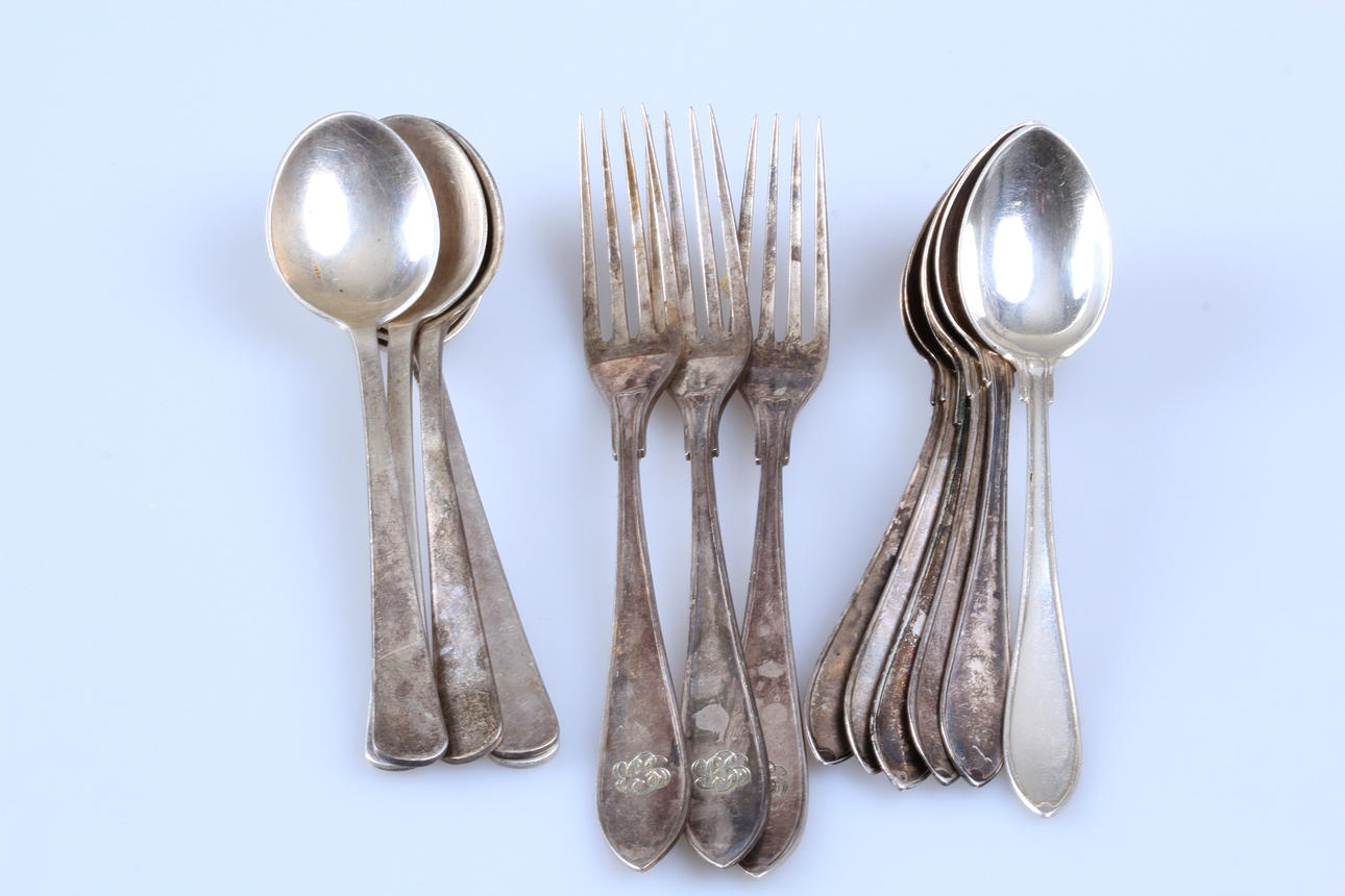 SKEDAR samt PLOCKGAFFLAR, Silver, 14 delar, Vikt 605 gram.