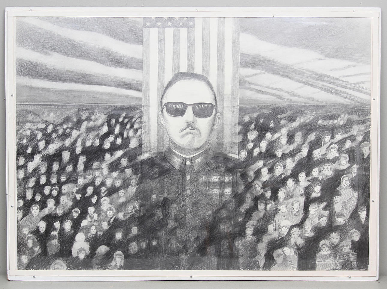 HANS HERMANSSON. Motiv med Augusto Pinochet. Kol/pennteckning, signerad.