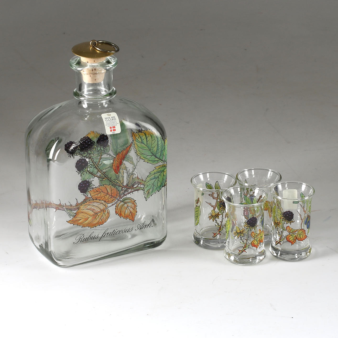 PLUNTA og SNAPGLAS, 5 dele, glas, Holmegaard Danmark, 1900-tallet.