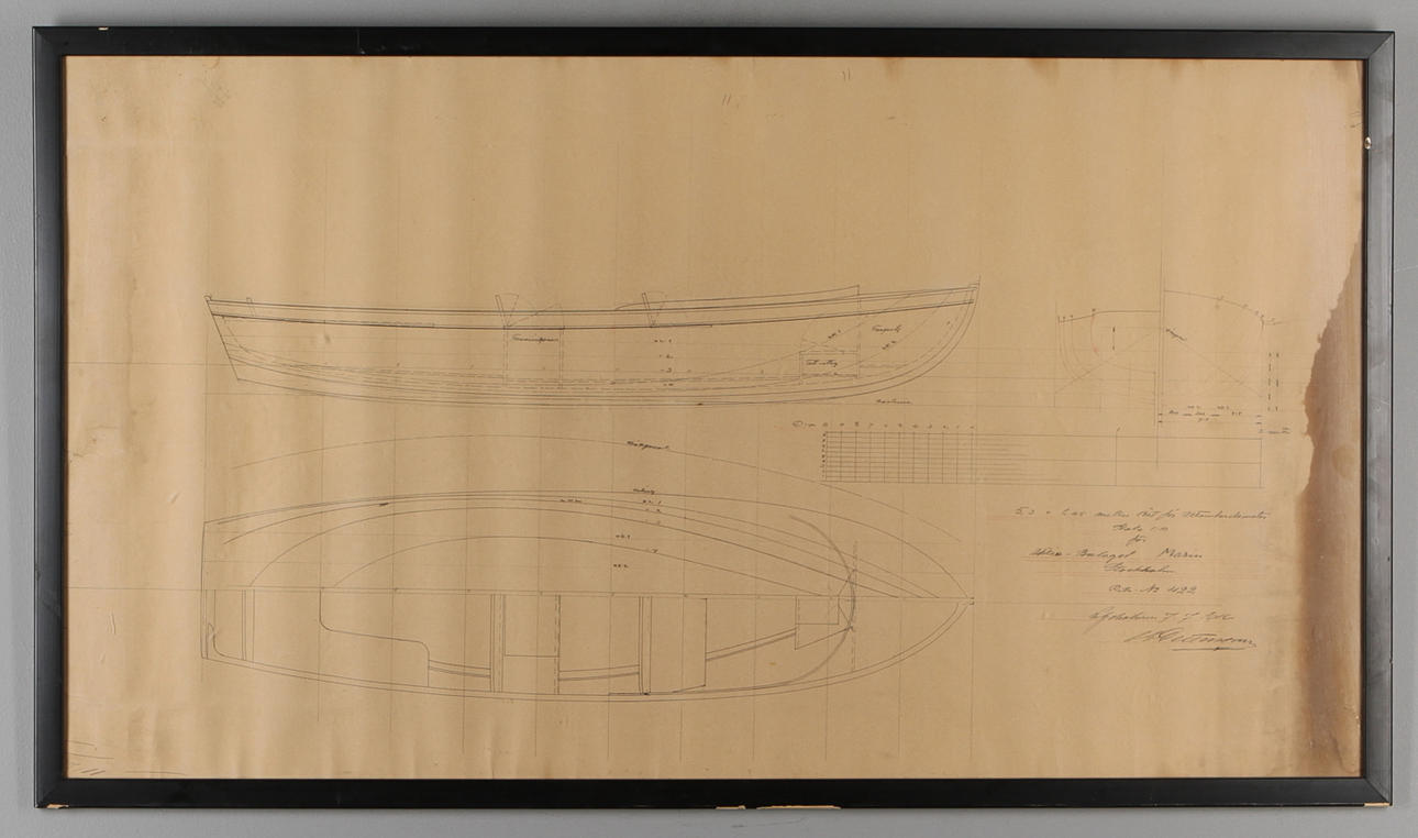 BÅTRITNING, för Aktie-Bolaget Marin, Carl Gustaf Pettersson, 1916. KARTA, Åkers skeppslag.