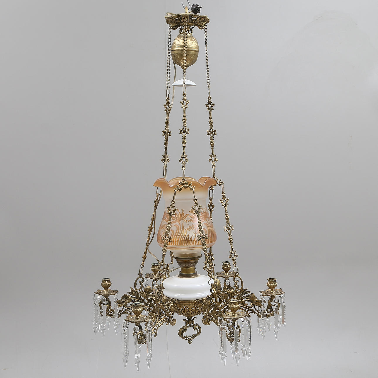 DECKENLAMPE, Messing/Glas, Lindstedt o Son, Kalmar, 1900er.