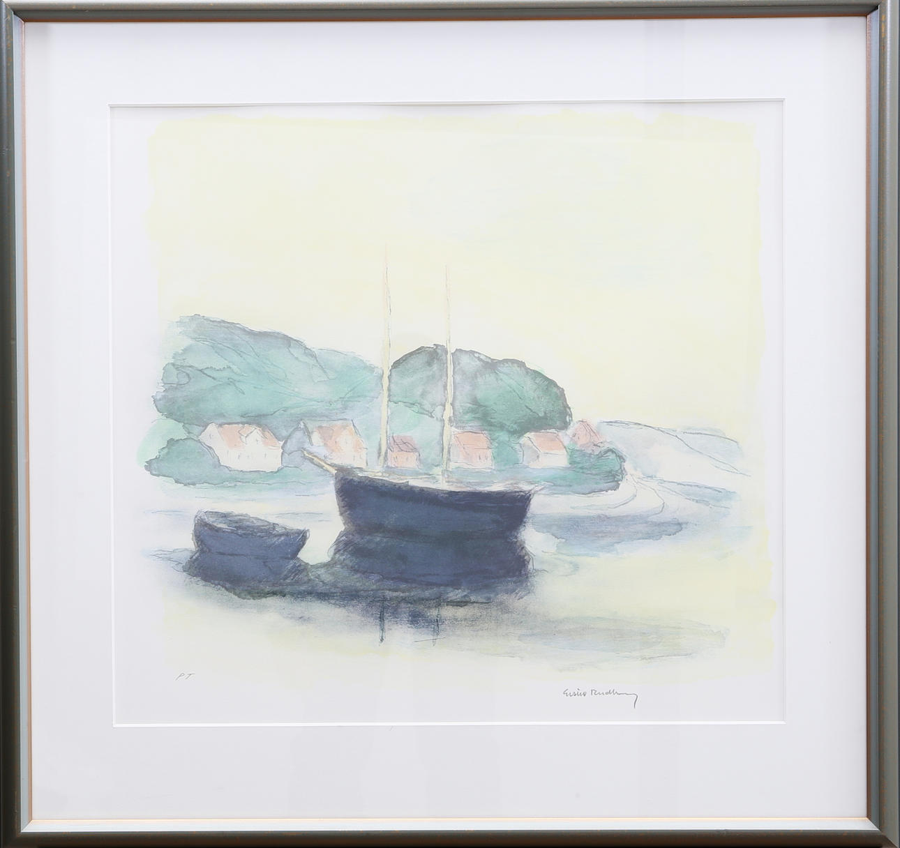 GUSTAV RUDBERG. Motiv från kyrkbacken. Färglitografi .Signerad. PT.