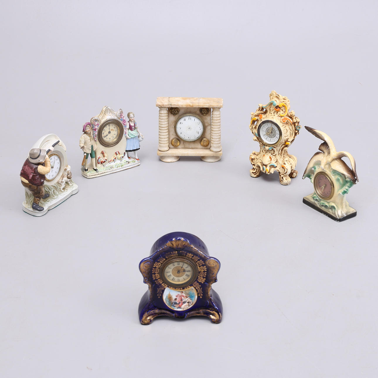 TABLE CLOCK, 6 pcs, porcelain, stone, plaster, Anker, Junghans, Landex etc.