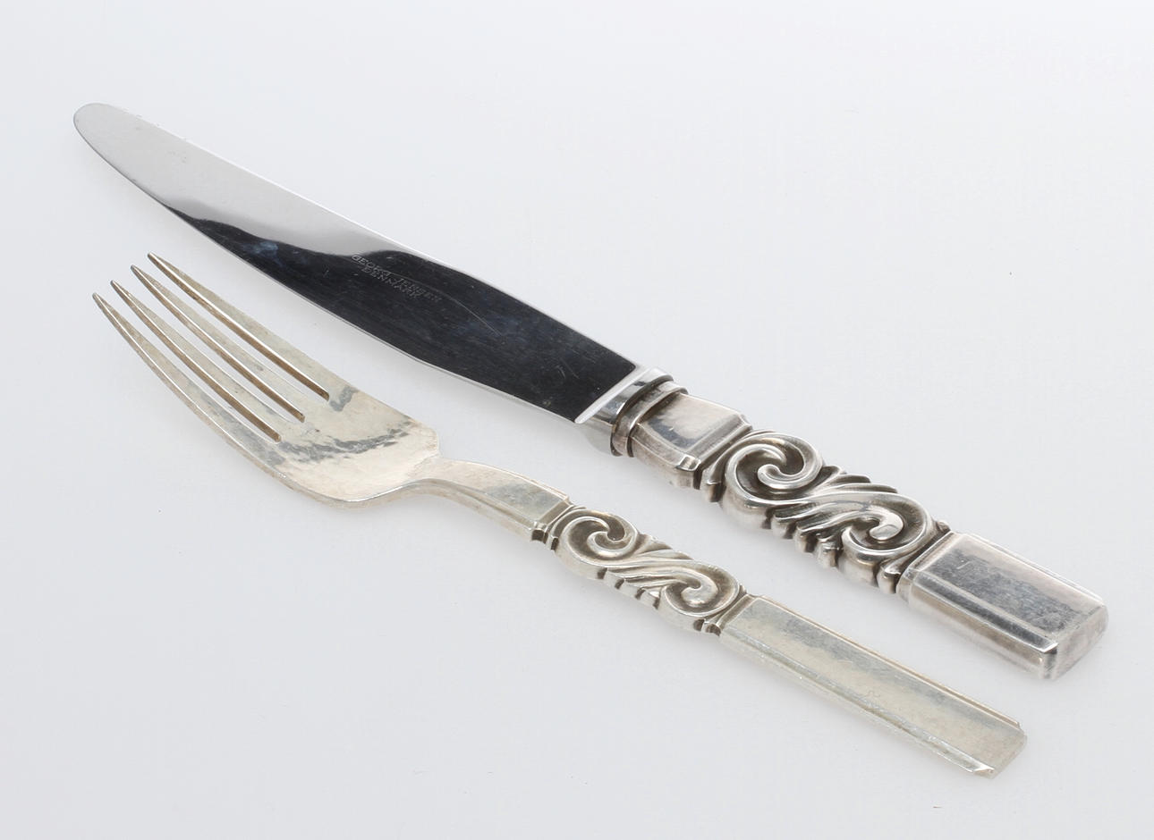 GAFFEL SAMT KNIV, sterling silver, Georg Jensen, Danmark.