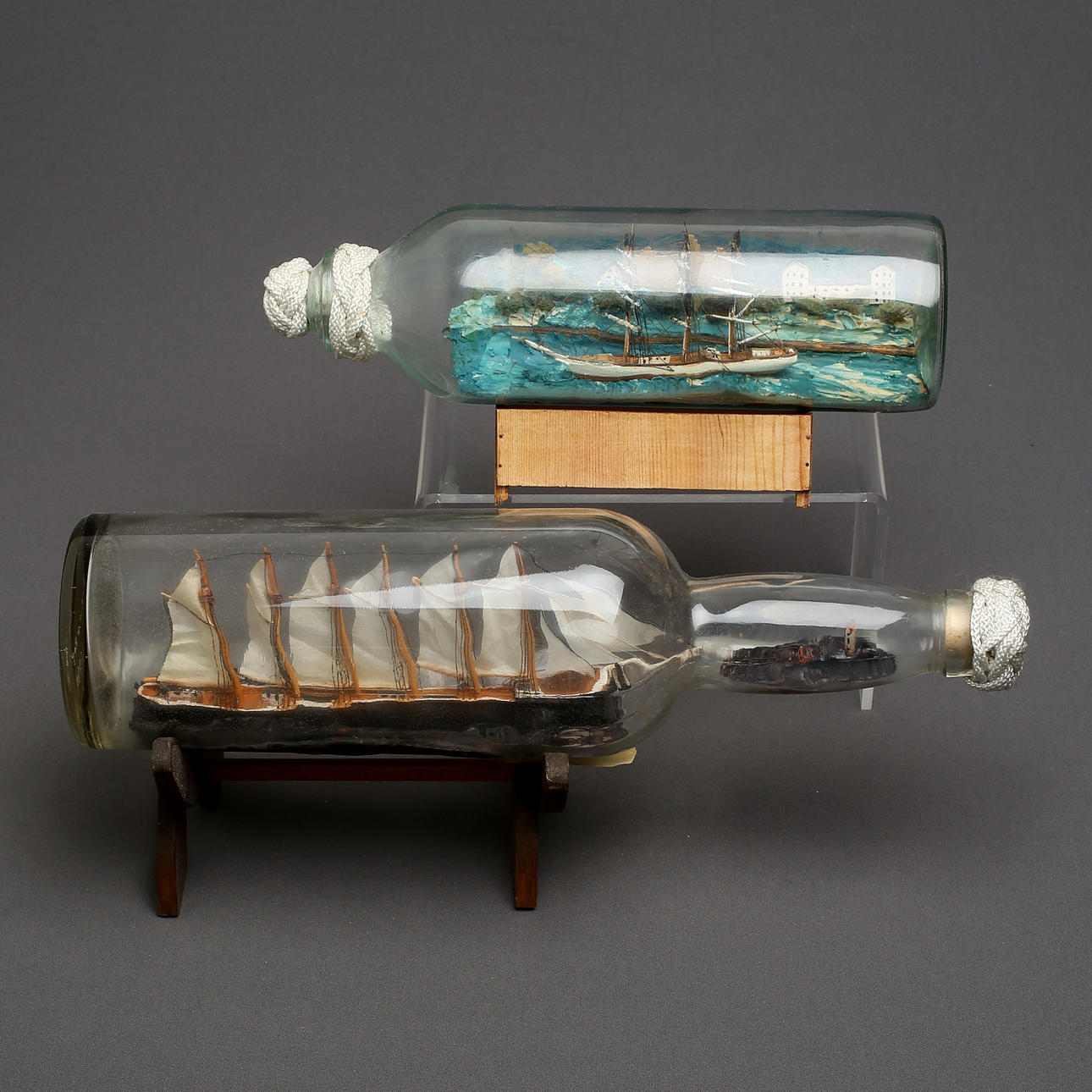 BOTTLE SHIP, 2 pcs, glass, 1900s.