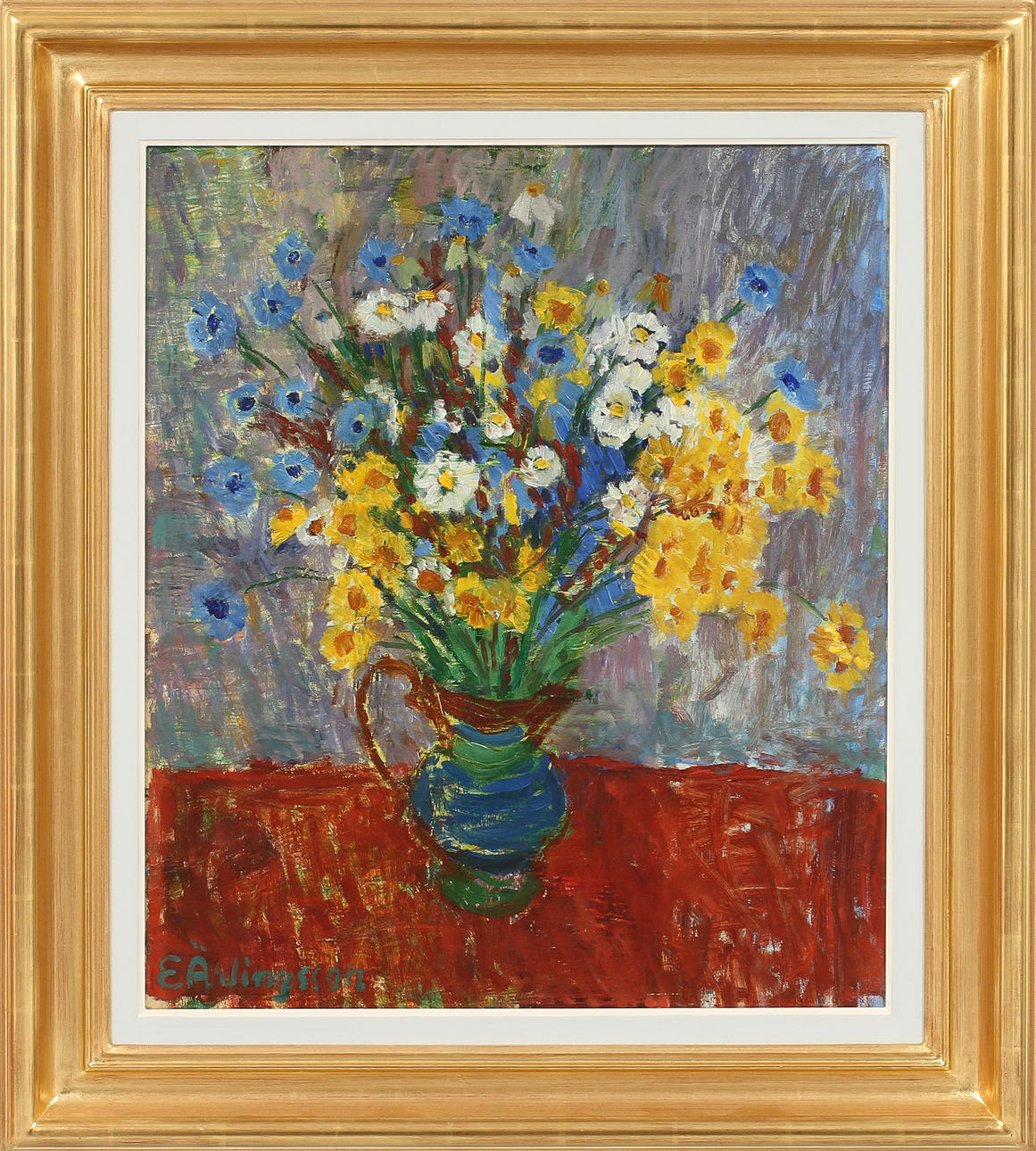 ERLING ÄRLINGSSON. Olja på duk. Sommarblommor i kanna. Signerad E. Ärlingsson.