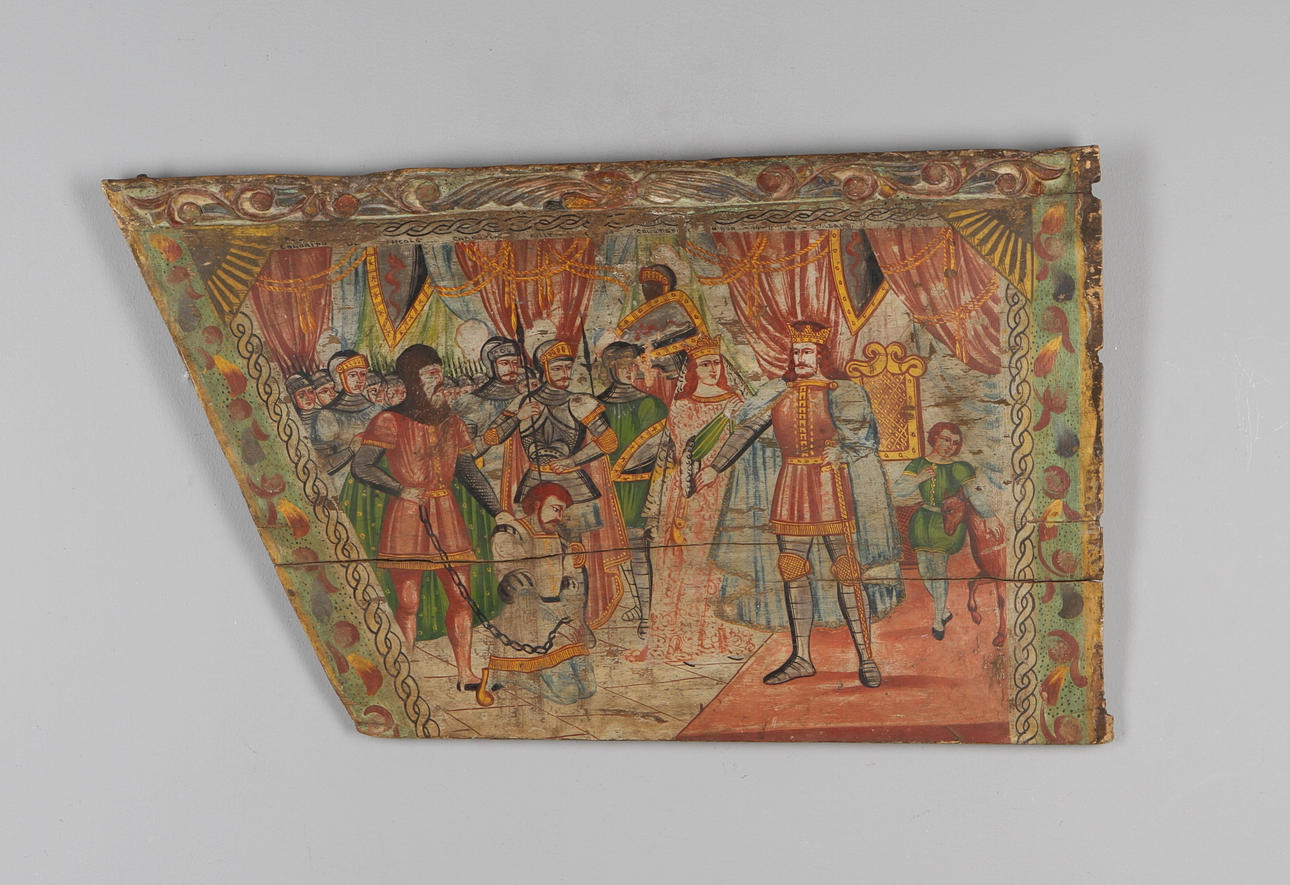 OKÄND KONSTNÄR. man i kedjor inför konung, olja på träpannå/del av inredning, 1700/1800-tal.