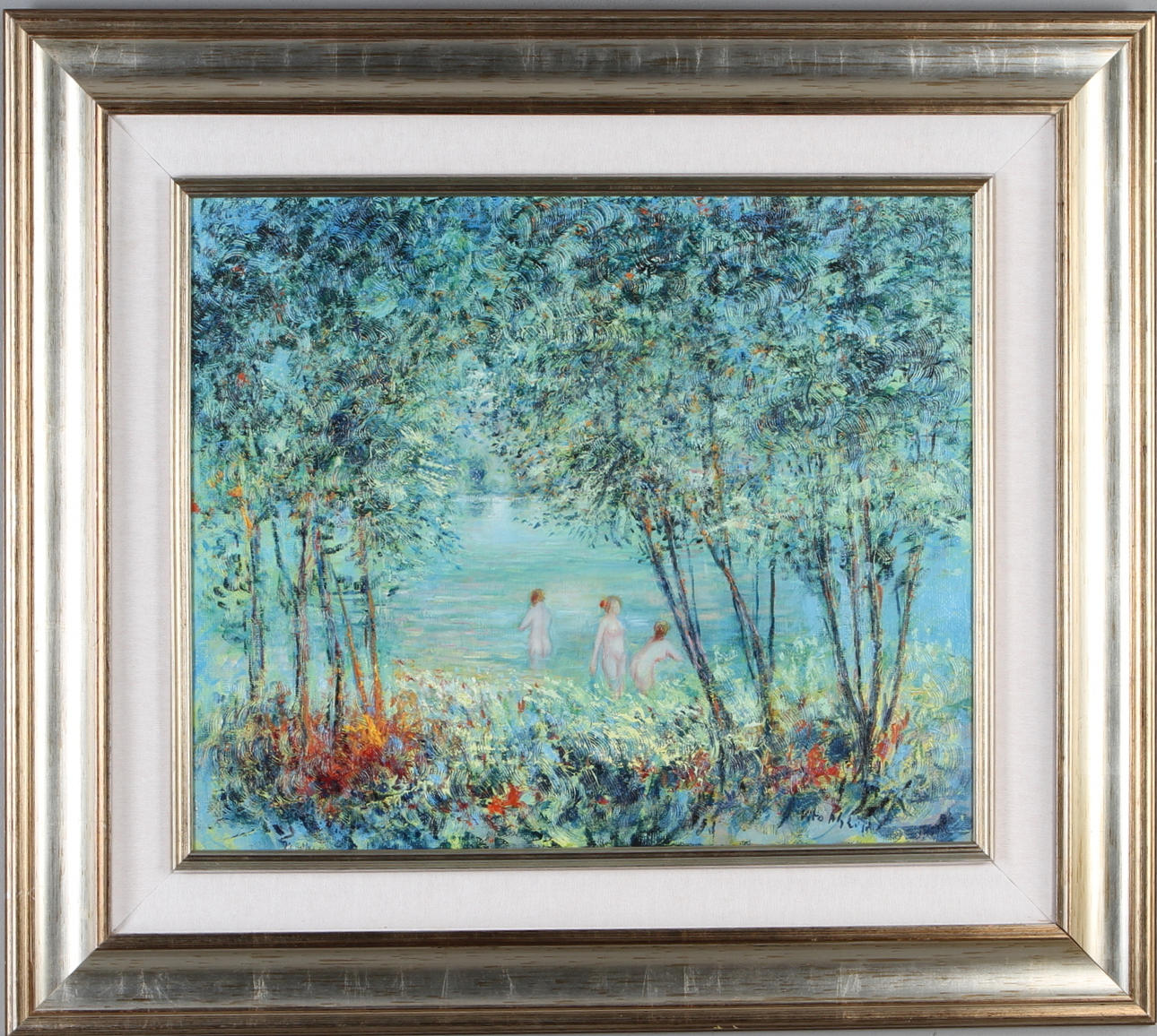 VITO ALGHISI. Landskap med badande kvinnor, olja på duk, signerad.