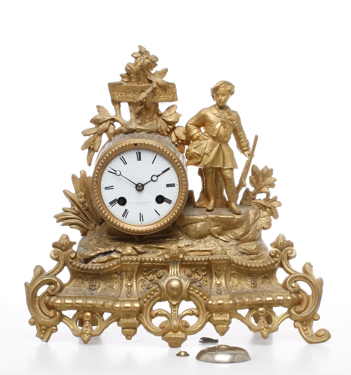 BORDSPENDYL, bronserad och förgylld vitmetall, urverk märkt Medaille de bronze S Marti et Cie, Frankrike, 1800-talets andra hälft.