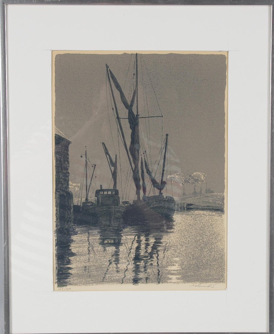 ROLAND SVENSSON. hamnmotiv, litografi.