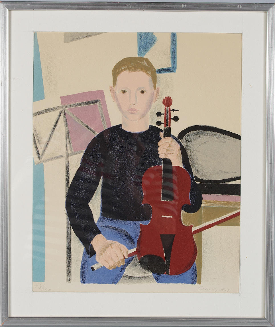 LENNART GRAM. pojke med fiol, färglitografi.