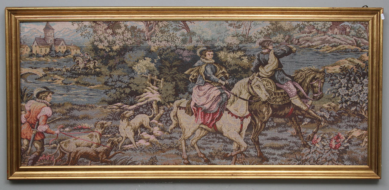 GOBELÄNG, inramad, motiv med figurscener, 166 x 77 cm.