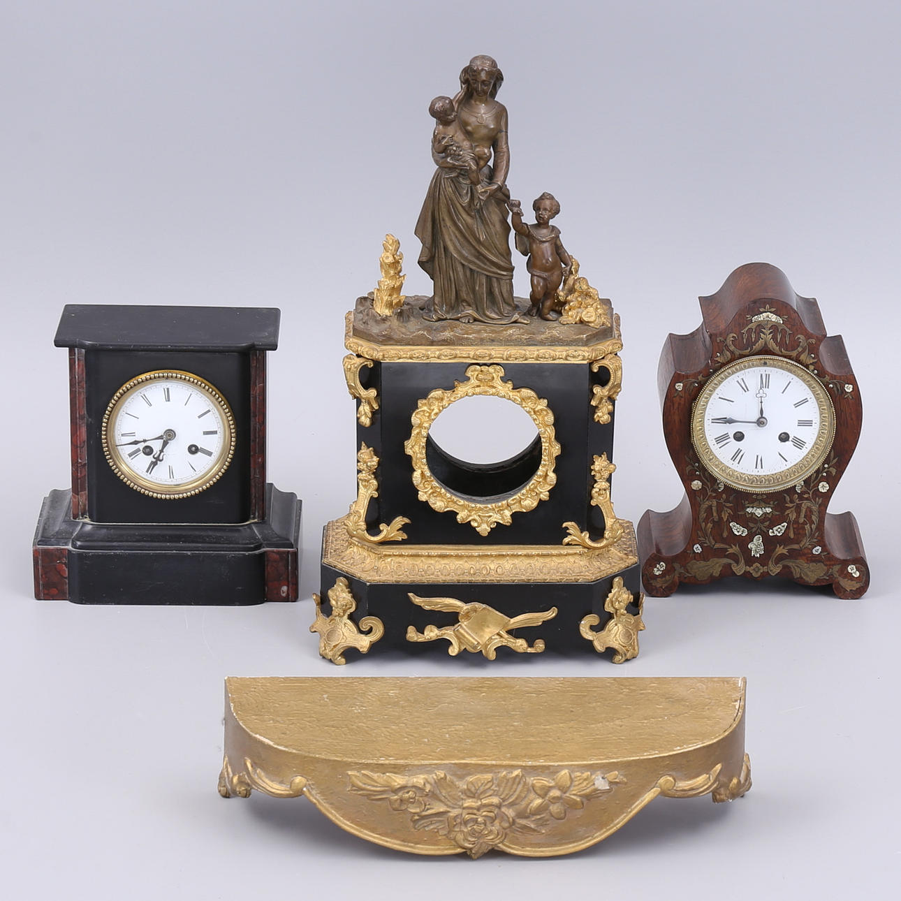 TISCHUHR, REGAL, 4 Teile, Holz, Stein, Metall.