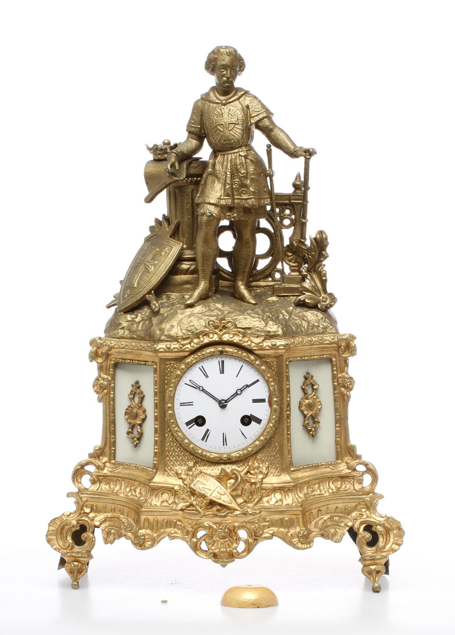 BORDSPENDYL, brons och vitmetall, urverk märkt "J.V&C." samt "Medaille d'Argent L Japy Fils 1844-1849", Frankrike, 1800-talets mitt.