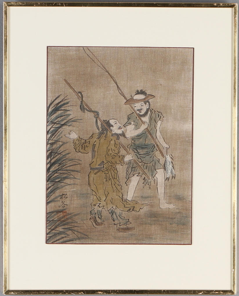 OKÄND KONSTNÄR. Fiskare, måleri på tyg, Kina.