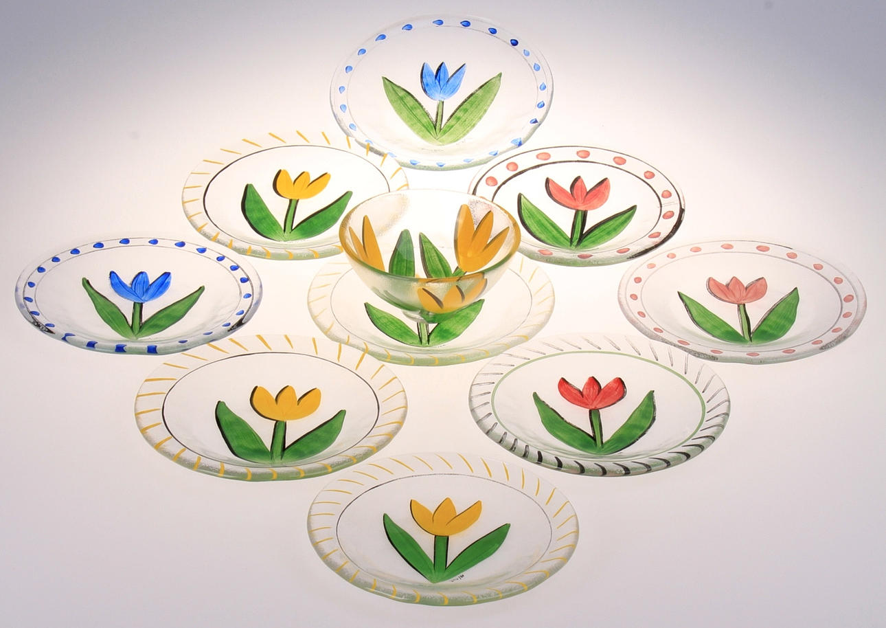ASSIETTER och skål, 10 delar, "Tulipa", Ulrica Hydman Vallien, Kosta Boda.