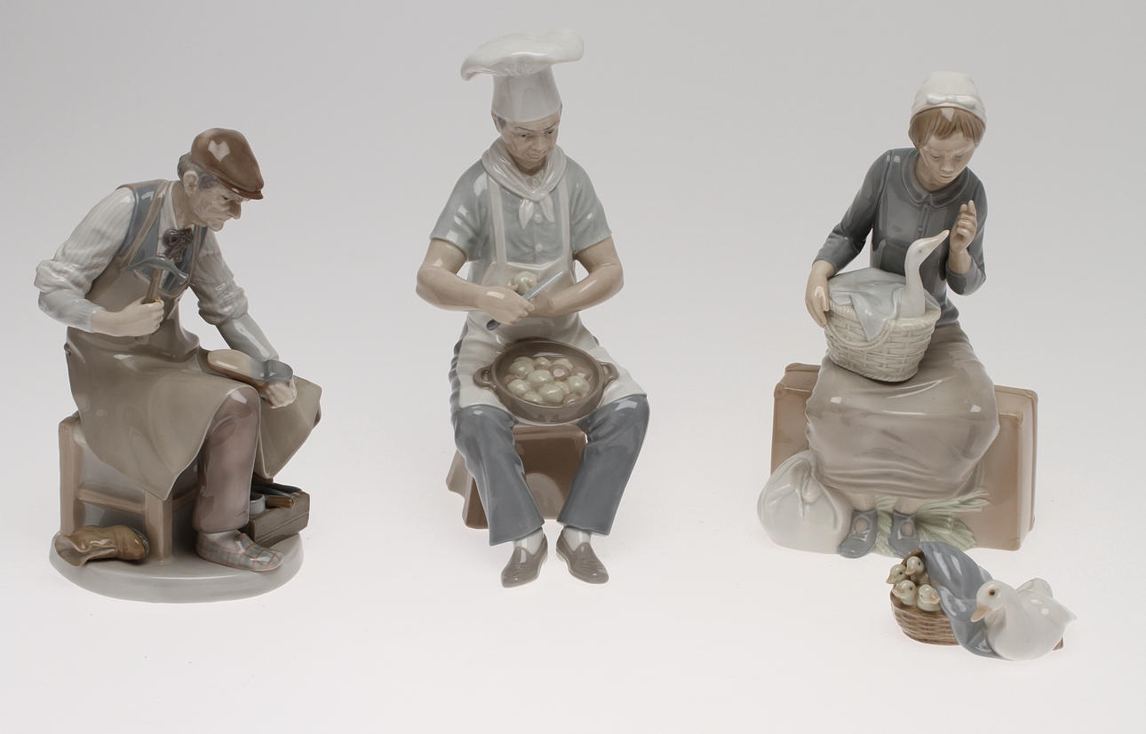 FIGURINER, 4 st, porslin, Lladro samt Dao, Spanien.