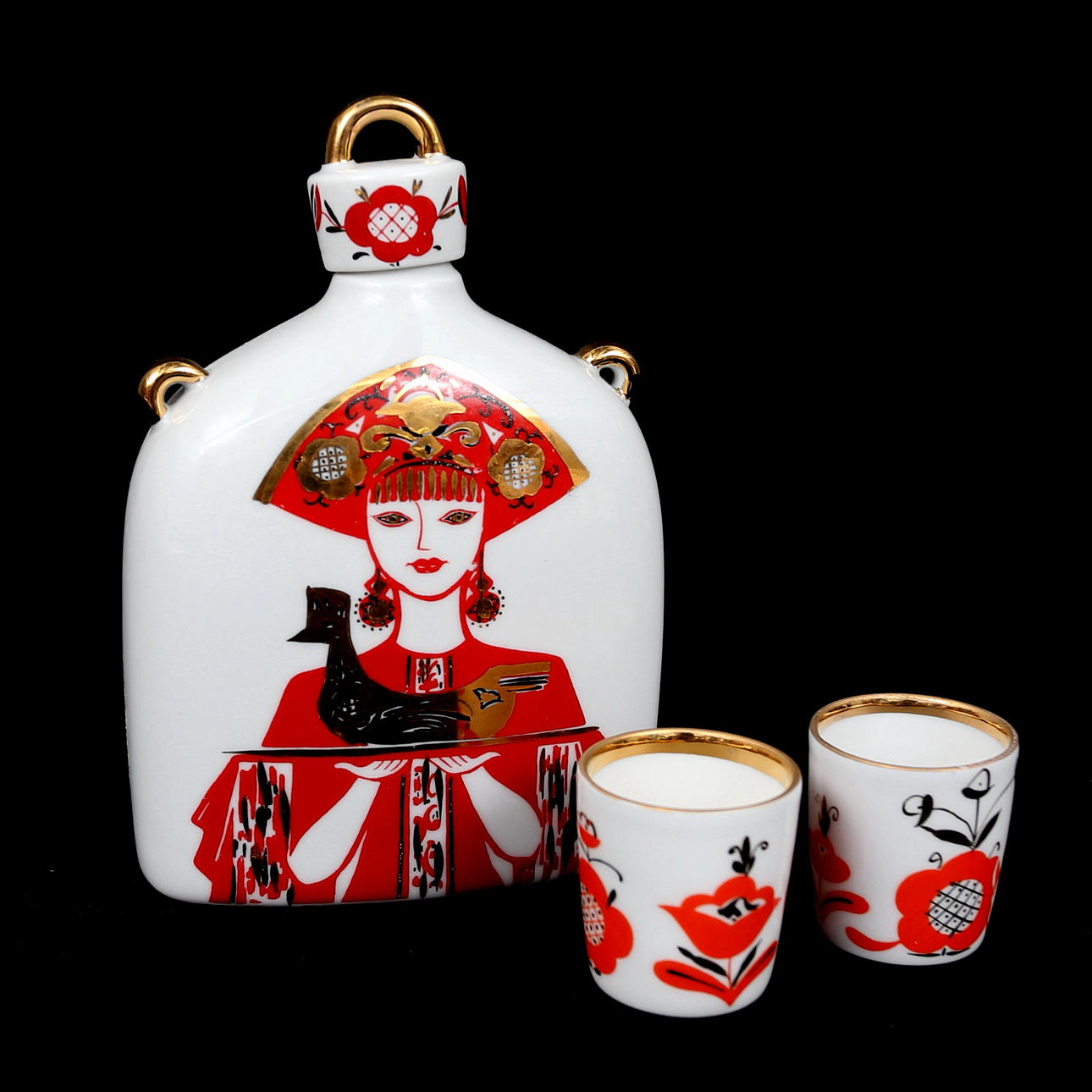 BOTTLE with 2 cups, porcelain, Lomonsov USSR.