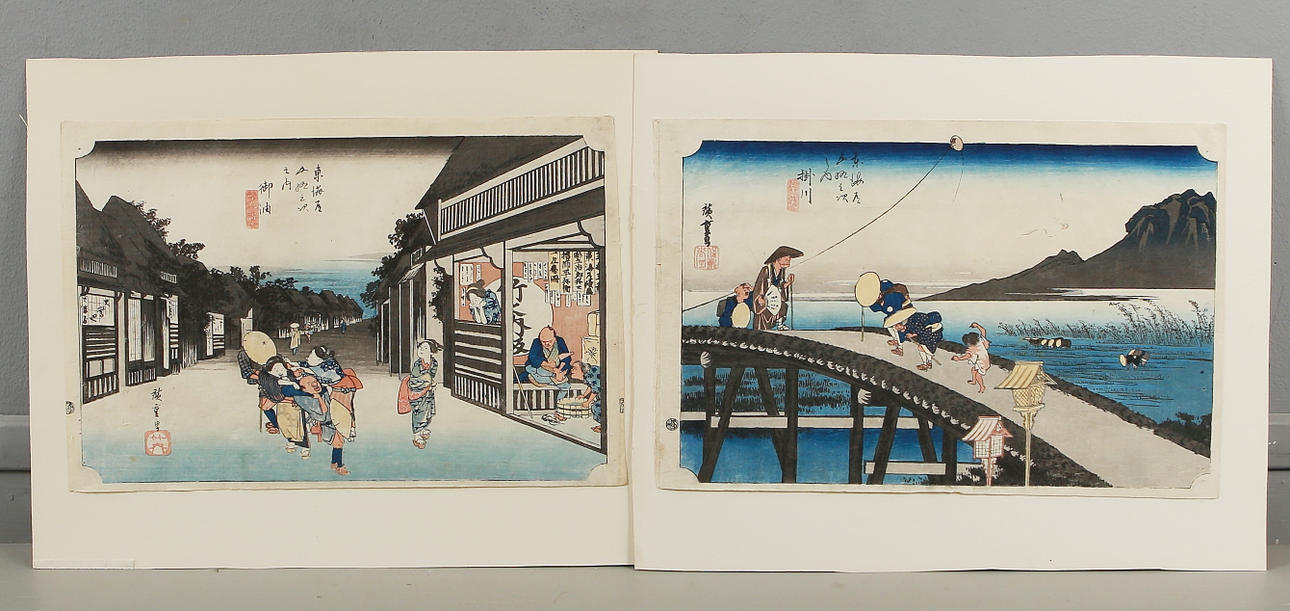 HIROSHIGE, efter, 2 st, träsnitt, Japan.