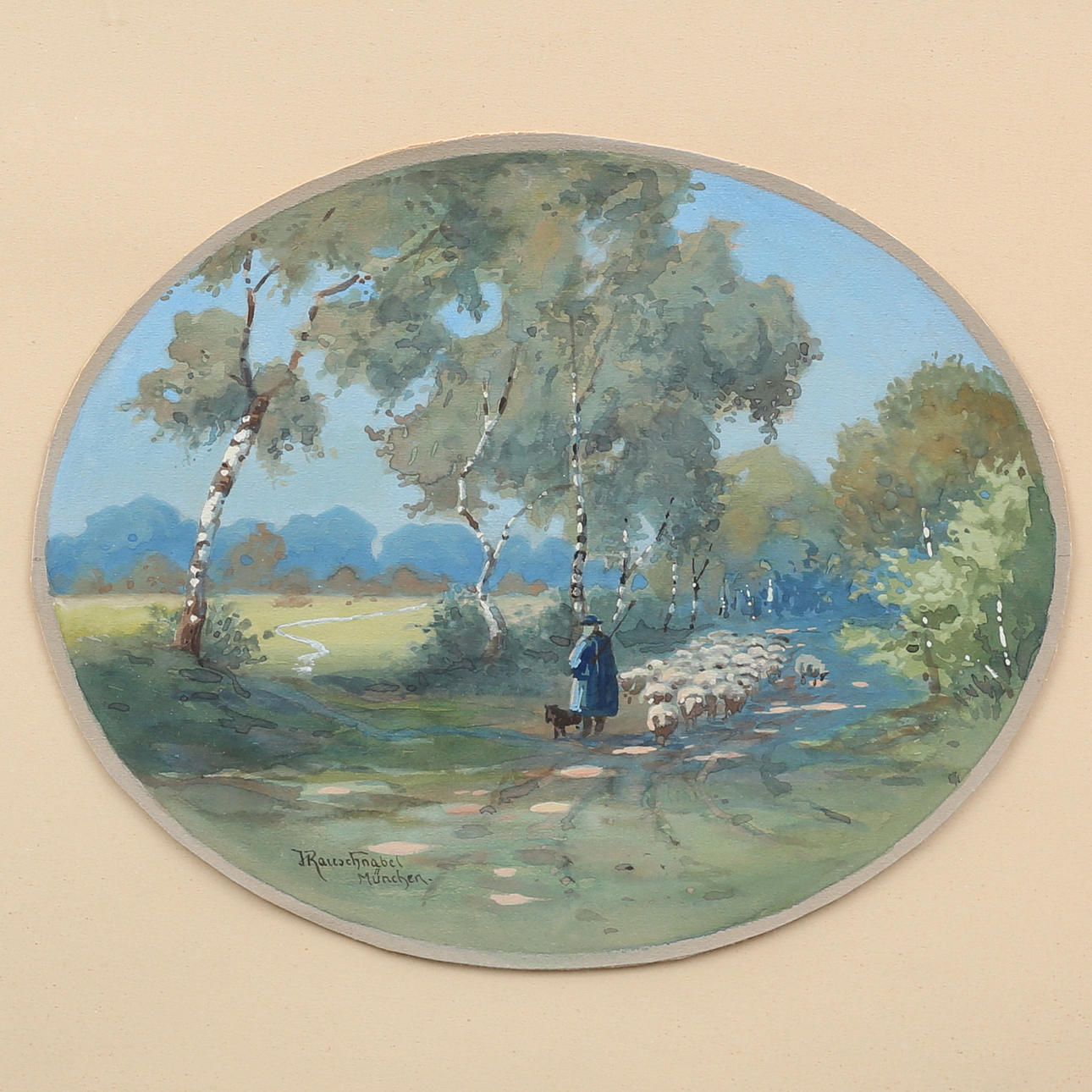 WILLIAM FREDRICK RAUSCHNABEL (1883-1947). Sheepherder with dog and sheep in cantonment, watercolour, signed F Rauschensnabel, Munich.