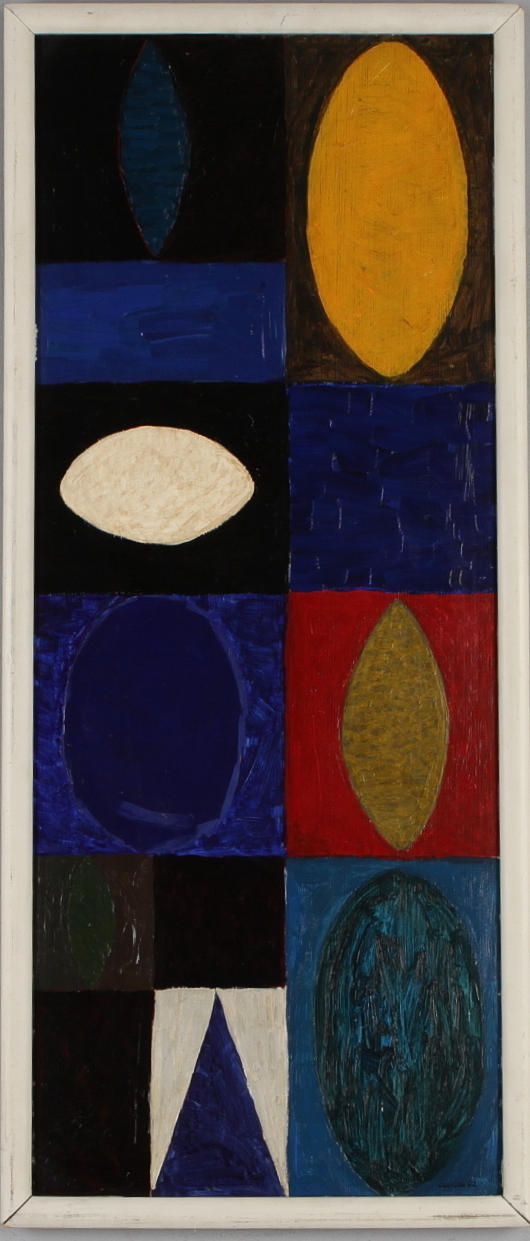 OLLE GILL. "Nattlig Fasad", komposition, olja på pannå, signerad samt daterad 52.