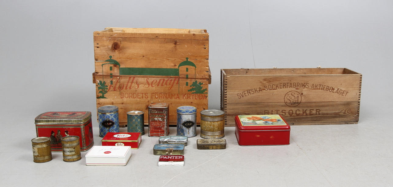 SOCKERLÅDA, SLOTTS-senap-låda,Plåtburkar,NS-bestick.1900-tal.