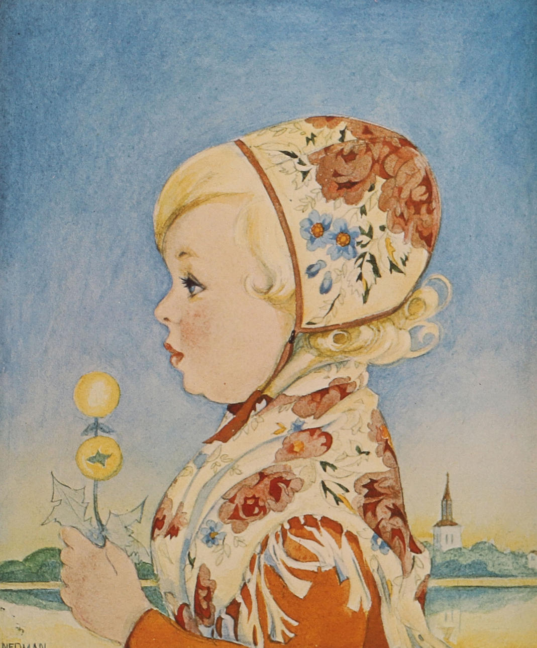 EINAR NERMAN. Girl with flower, graphic sheet, signed Nerman.