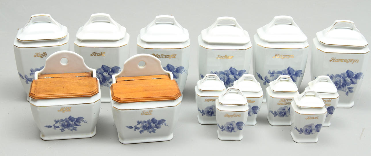 SPECERI- och KRYDDBURKAR, 14 st. porslin, 1900-tal.