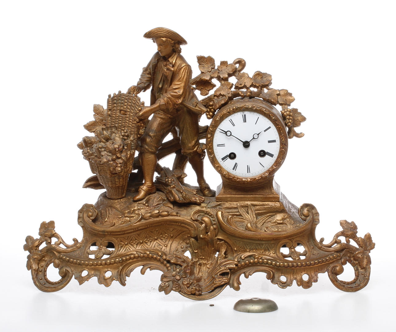 BORDSPENDYL, bronserad vitmetall, urverk märkt "Medaille d'Argent L Japy Fils 1844-1849". Frankrike, 1800-talets mitt.