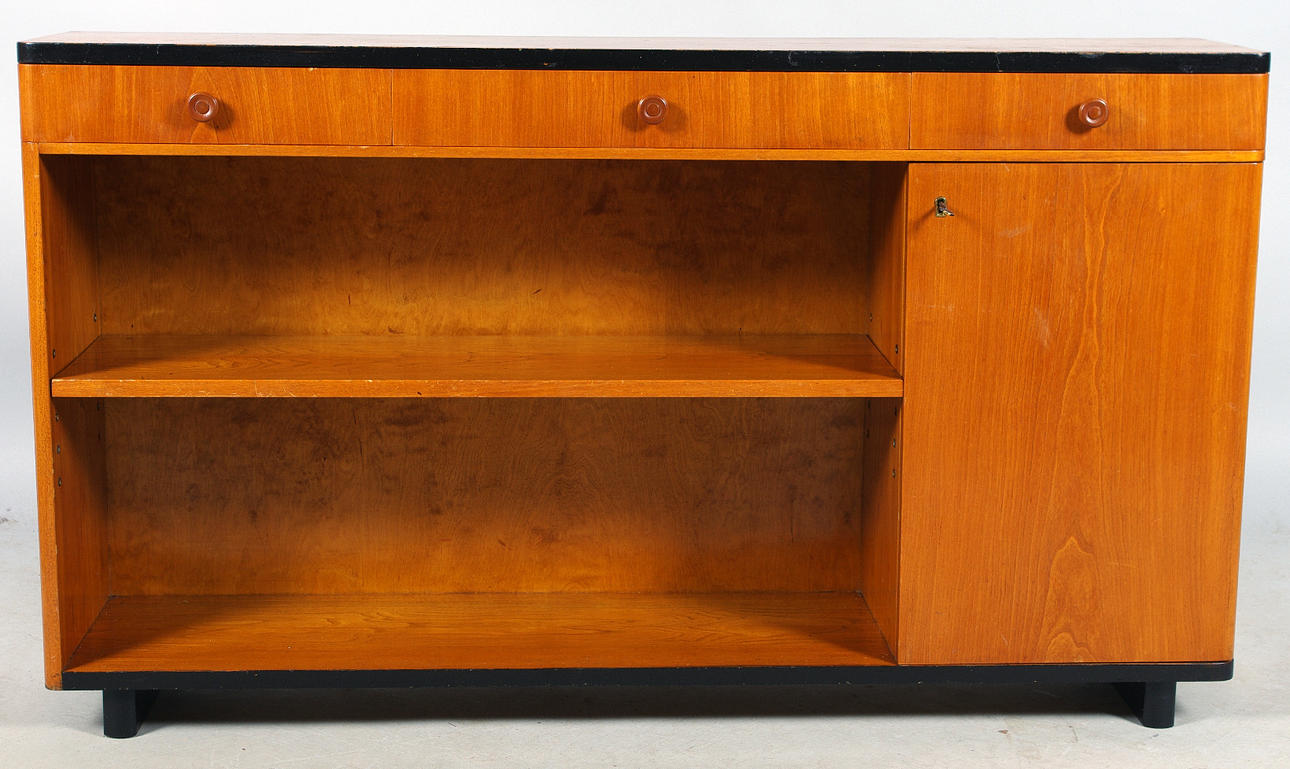 BOKHYLLA MED SKÅP OCH LÅDOR, 1940/50-tal.