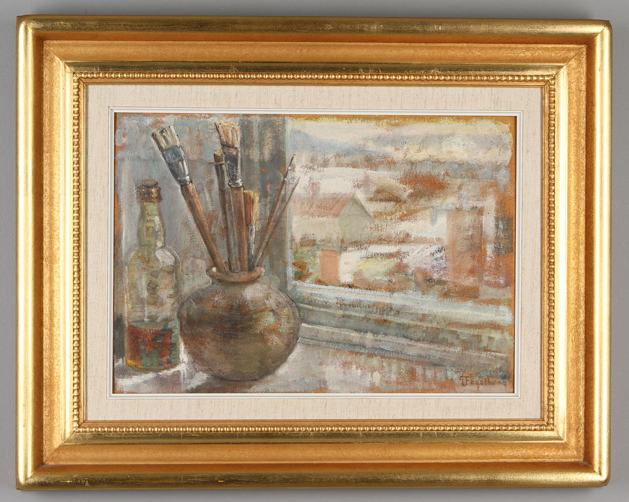 GUSTAV FOGELBERG. Stilleben med penslar, olja på pannå, signerad.