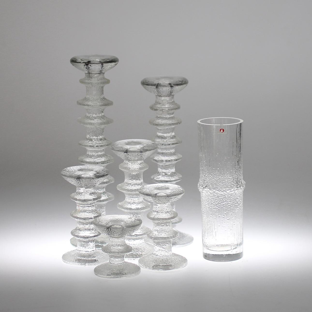 LJUSSTAKAR 6 st, glas, "Festivo", Timo Sarpaneva, VAS, "Niva", Tapio Wirkkala, signerad, Iittala, 1900-talets andra hälft.