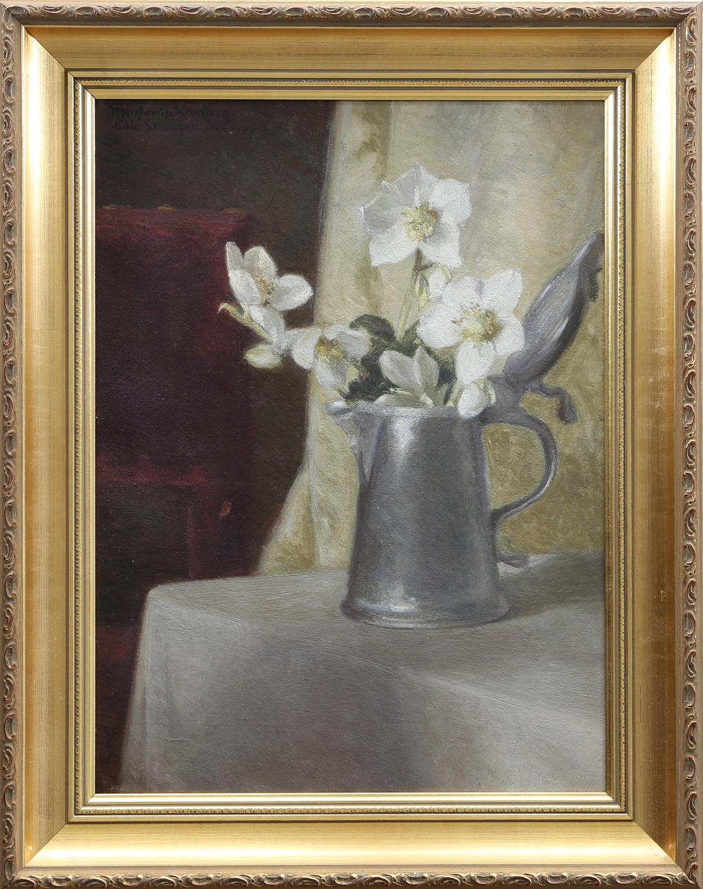 MARGHERITA KRONBERG. Blomsterstilleben. Olja på pannå. Signerad och daterad Lilla Skuggan 1909.