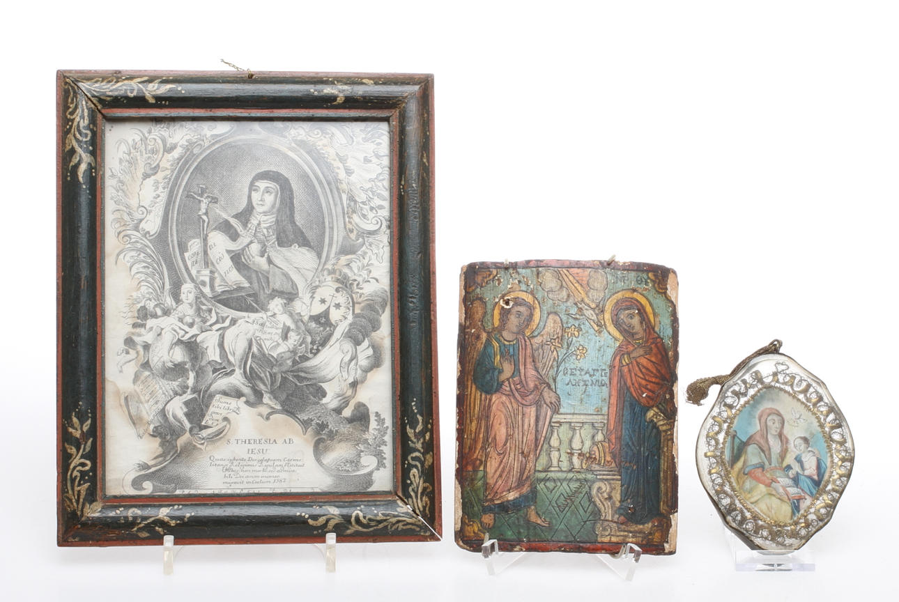 RELIGIÖSA FÖREMÅL, 3 delar, Bl a IKONER, 1800-tal.