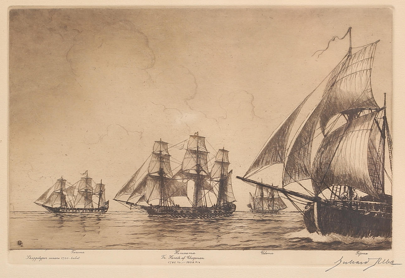 GERHARD ALBE. "Ship types later 18th century". Etching, signed.