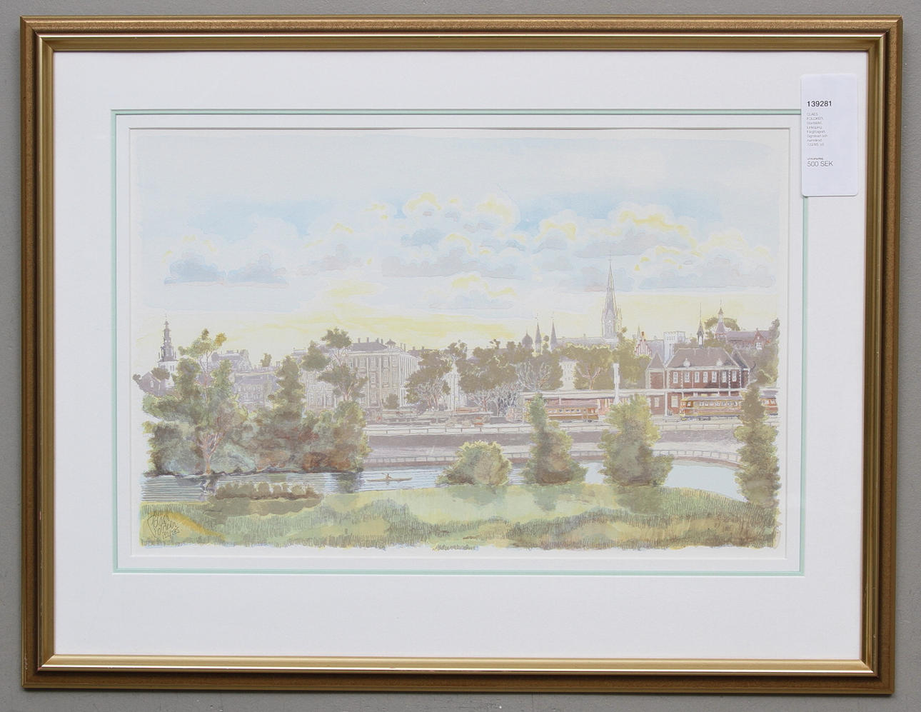 CLAES FOLCKER. Stadsbild, Linköping. Färglitografi. Signerad och numrerad 122/85.