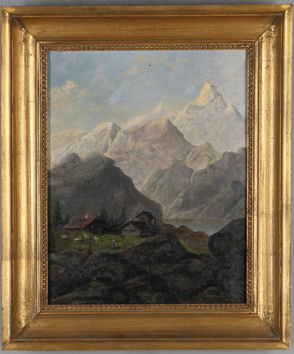 EINAR TORSSLOW. Berglandskap med hus och figurer, olja på duk, signerad och daterad.