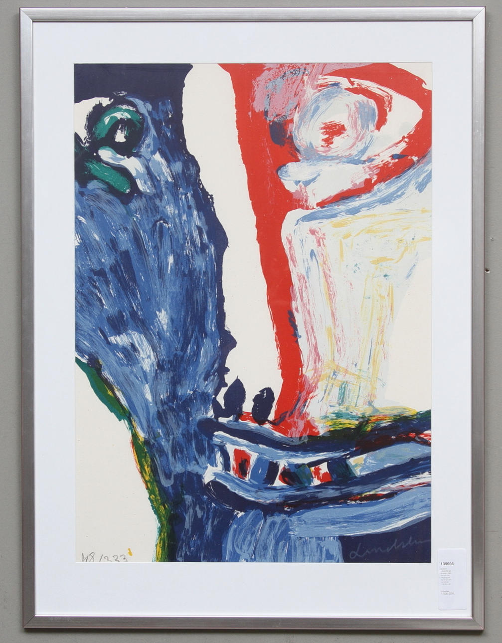 BENGT LINDSTRÖM. Ansikte i blått, vitt och rött. Färglitografi. Signerad och numrerad 118/333.