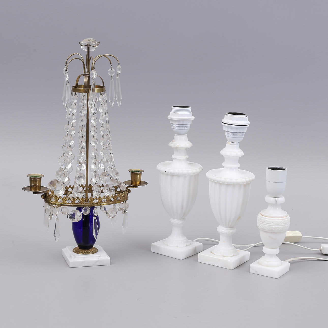 TABLE LAMPS, TABLE GLASSES, 4 parts, stone, glass.