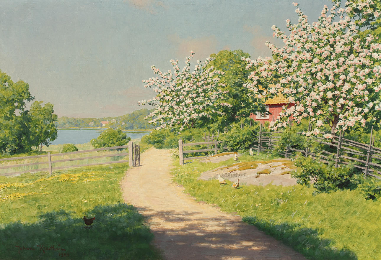 JOHAN KROUTHÉN (1858-1932). Gård med blommande fruktträd. Olja på duk.