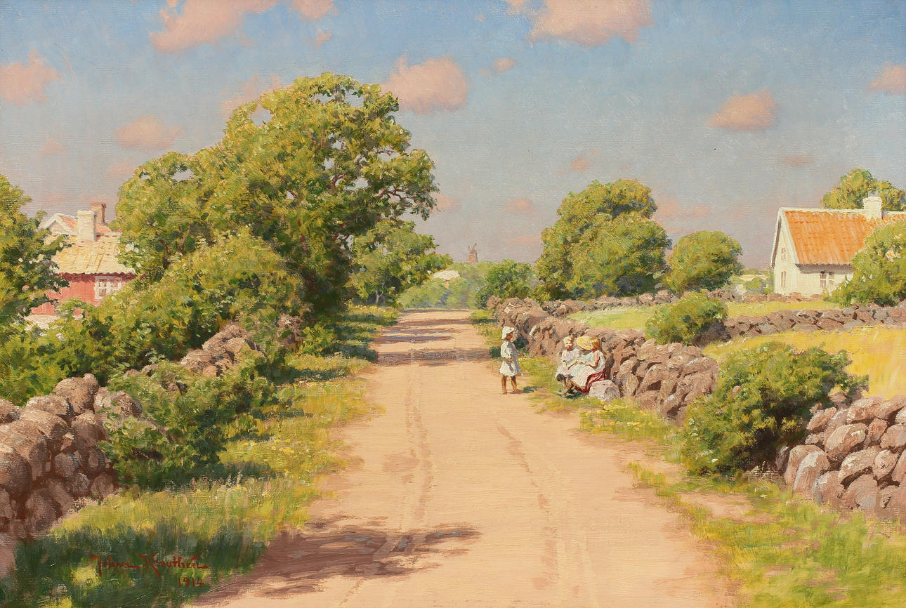 JOHAN KROUTHÉN (1858-1932). Lekande sommarbarn vid gärdesgård. Olja på duk.