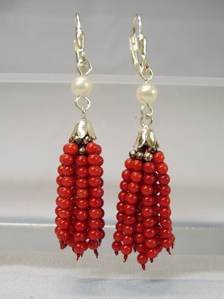 KORALLE OHRRINGE SILBER HANDARBEIT.