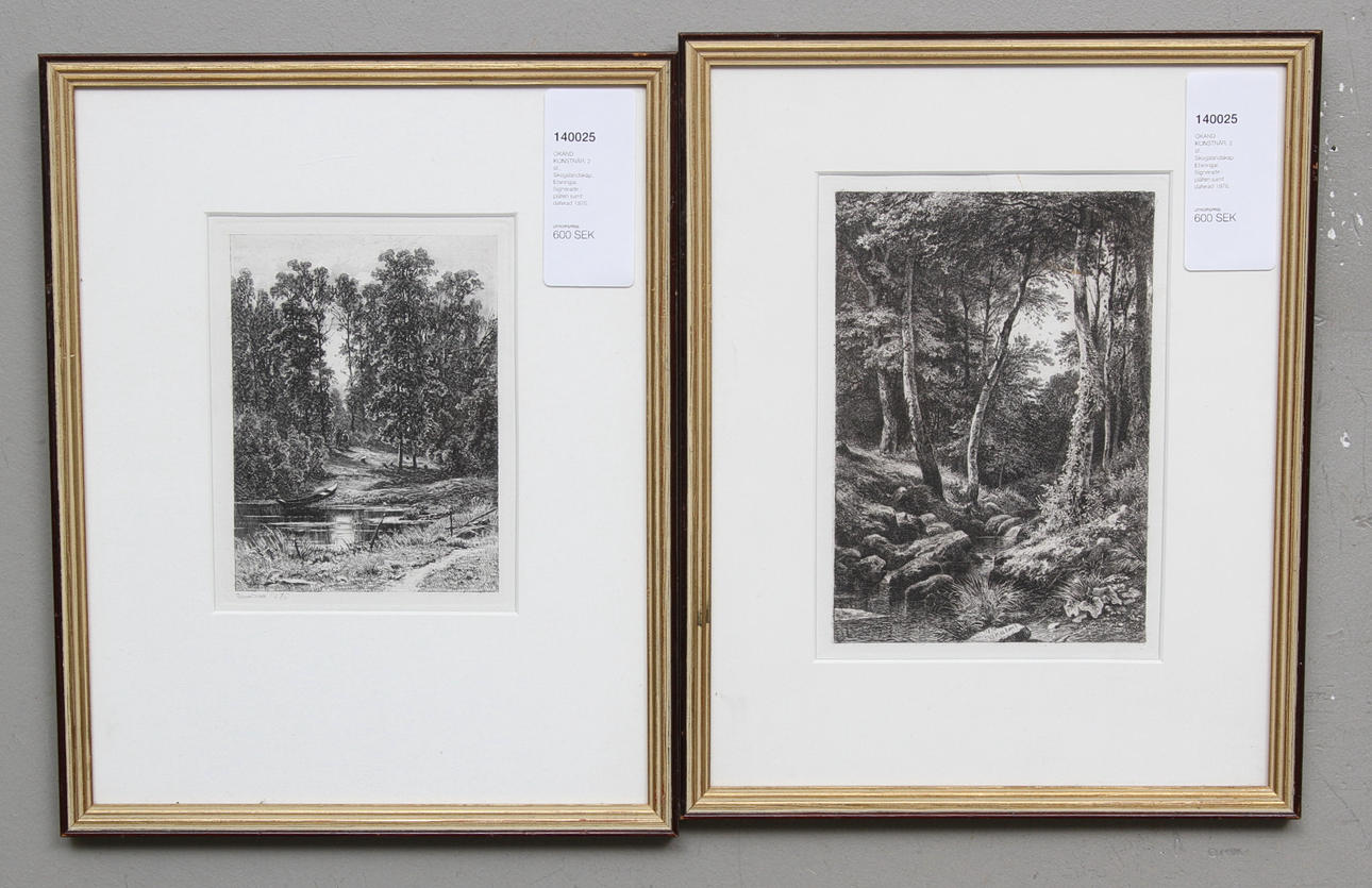 OKÄND KONSTNÄR. 2 st. Skogslandskap. Etsningar. Signerade i plåten samt daterad 1876.
