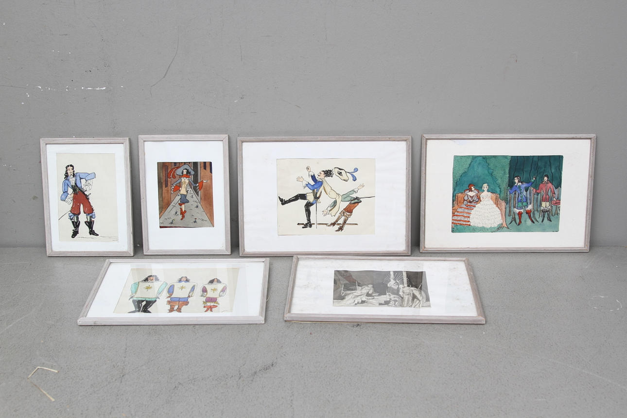 OKÄND KONSTNÄR. 6 st. Bilder ur Alexandre Dumas "De tre musketörererna". Gouache. Monogramsignerade G.L och daterade 1925/26.