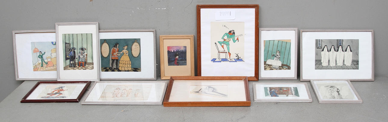 OKÄND KONSTNÄR. 12 st. Bilder ur Alexandre Dumas "De tre musketörererna". Gouache. Monogramsignerade G.L och daterade 1925/26.