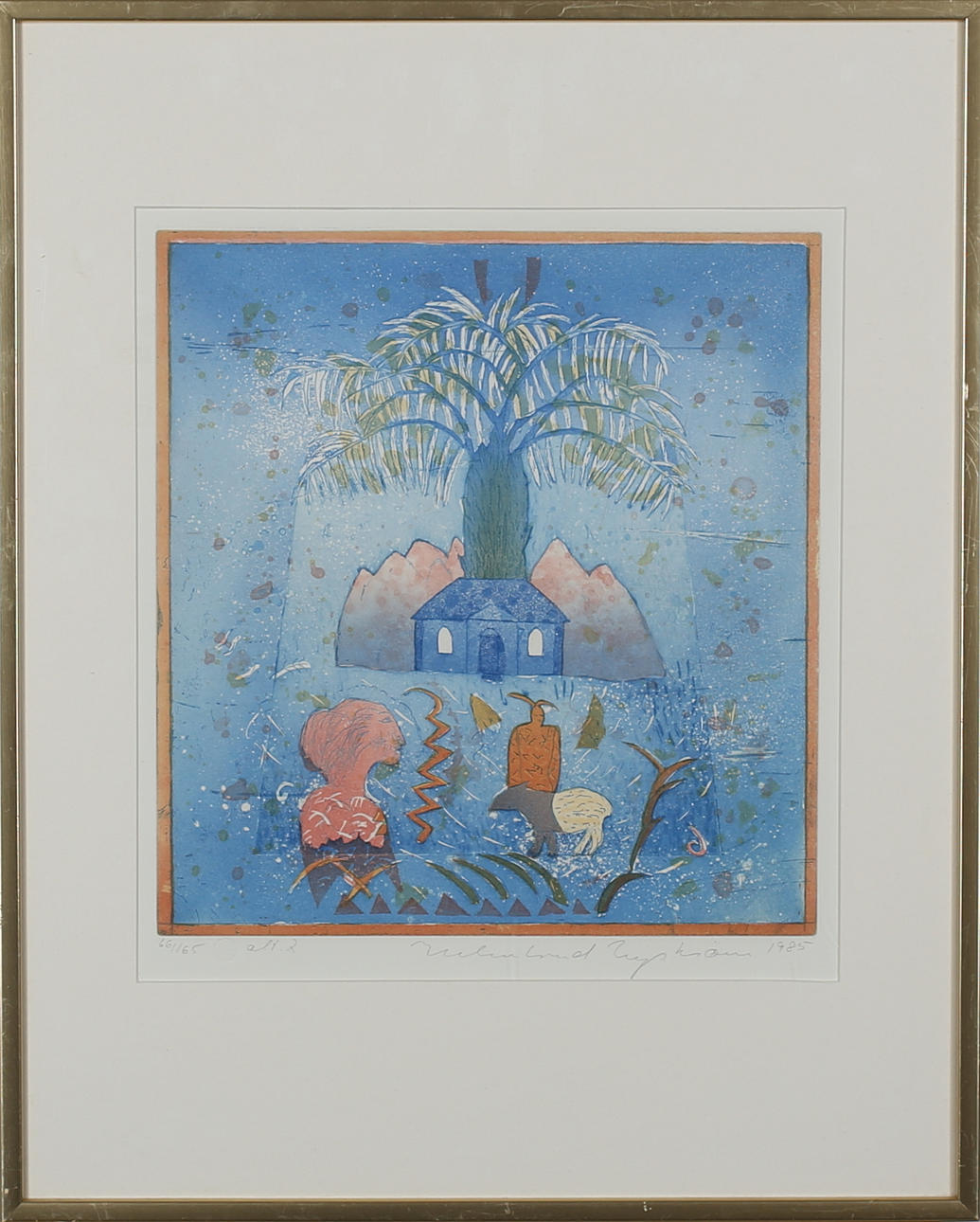 HELMTRUD NYSTRÖM. "Fågelmannen". Färgetsning. Signerad och daterad 1985. 66/165.