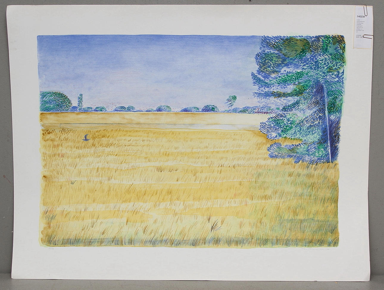 HANS HERMANSSON. Slättlandskap med träd. Färglitografi. Signerad och daterad -77. Numrerad 1/26.